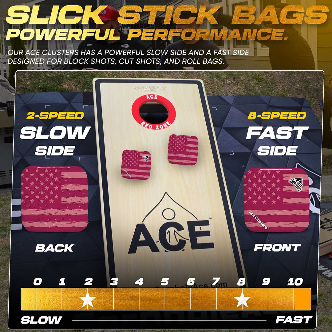 ACE Clusters Maroon USA Flag ACE Pro cornhole bags close-up with stitched seams and logo