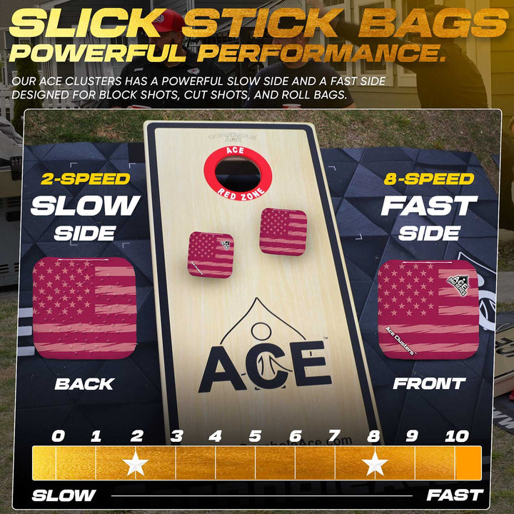 ACE Clusters Maroon USA Flag ACE Pro cornhole bags close-up with stitched seams and logo