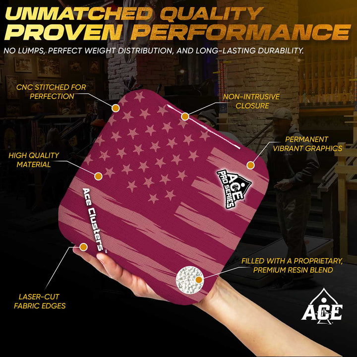 ACE Clusters Maroon USA Flag ACE Pro cornhole bags alternate side with coordinated graphic pattern
