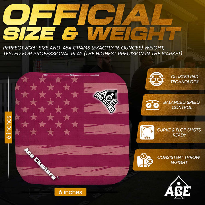 ACE Clusters Maroon USA Flag ACE Pro cornhole bags organized set layout with matching designs