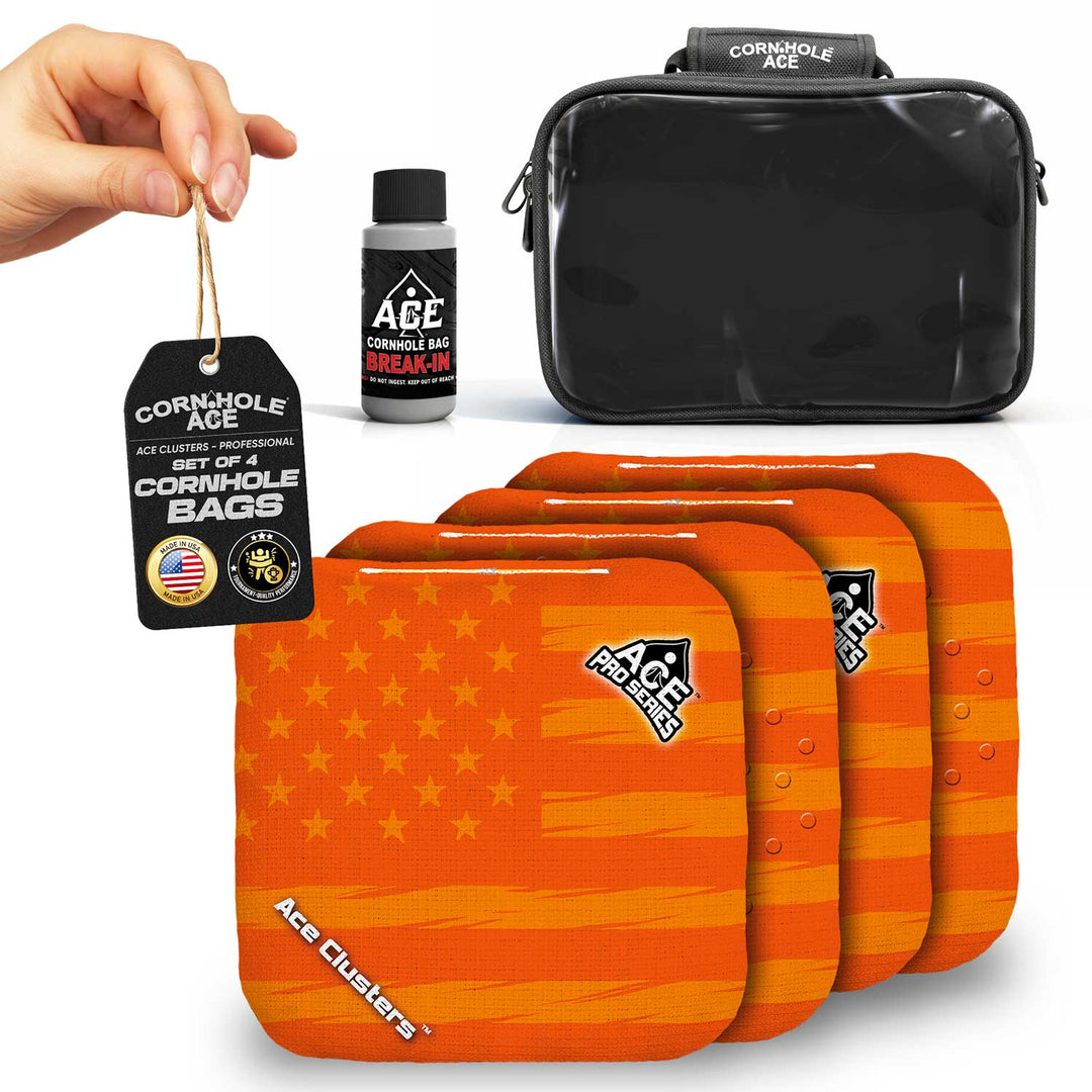 ACE Clusters Orange USA Flag ACE Pro cornhole bags set of four with bold front graphics alternate view