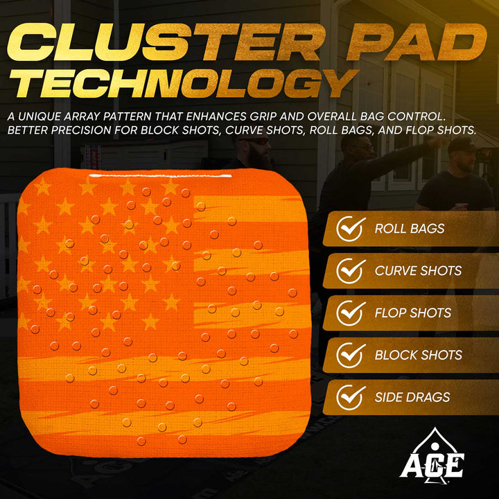 ACE Clusters Orange USA Flag ACE Pro cornhole bags angled stack showing fabric texture