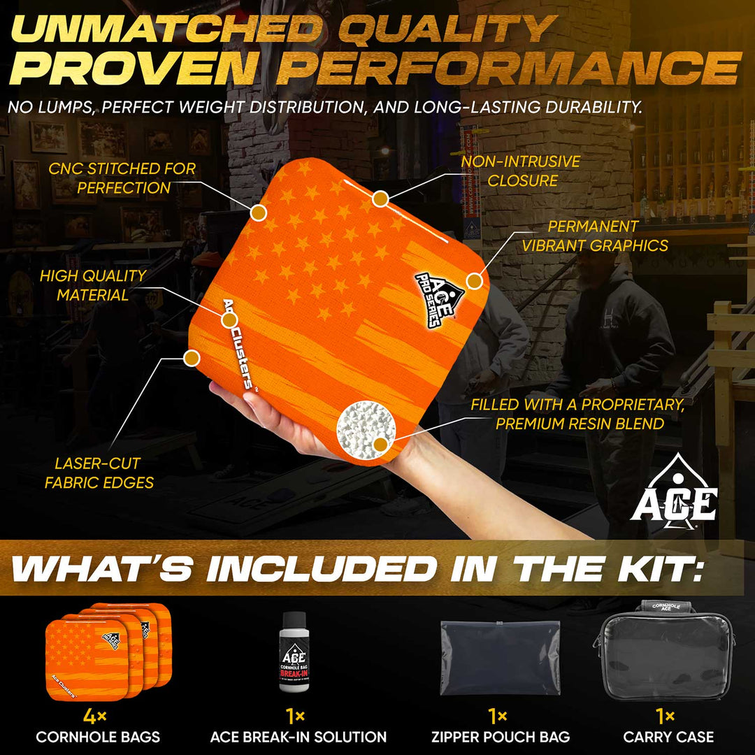 ACE Clusters Orange USA Flag ACE Pro cornhole bags angled stack showing fabric texture alternate view
