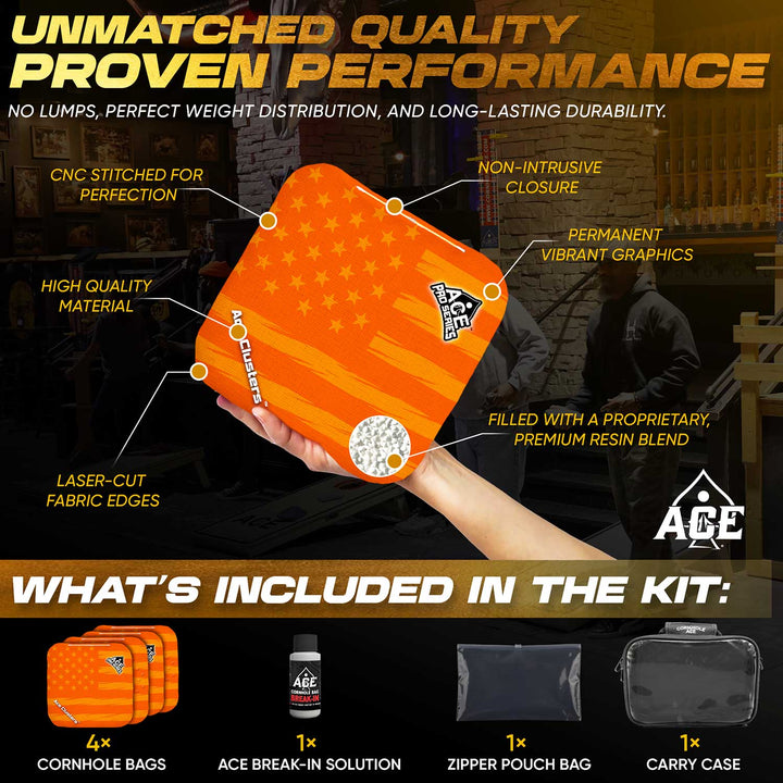 ACE Clusters Orange USA Flag ACE Pro cornhole bags angled stack showing fabric texture alternate view