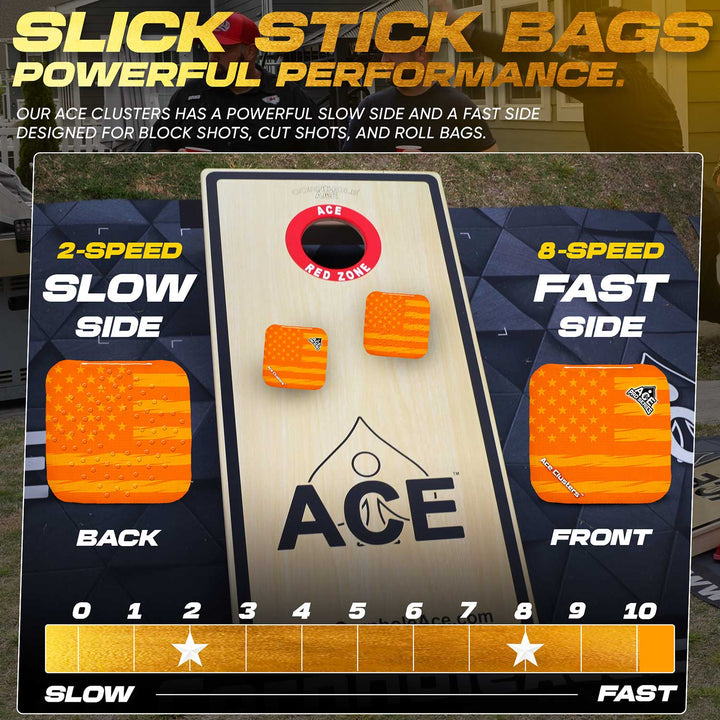 ACE Clusters Orange USA Flag ACE Pro cornhole bags close-up with stitched seams and logo