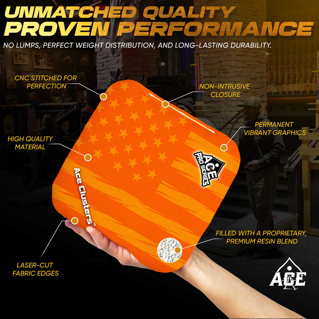 ACE Clusters Orange USA Flag ACE Pro cornhole bags alternate side with coordinated graphic pattern