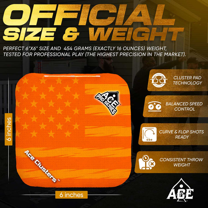 ACE Clusters Orange USA Flag ACE Pro cornhole bags organized set layout with matching designs