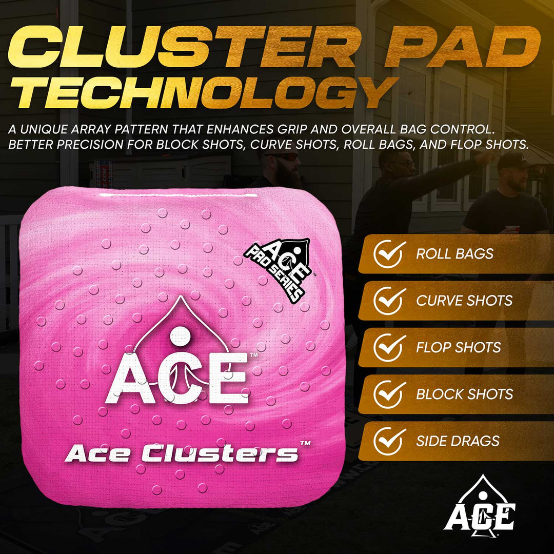 ACE Clusters Pink ACE Pro cornhole bags angled stack showing fabric texture