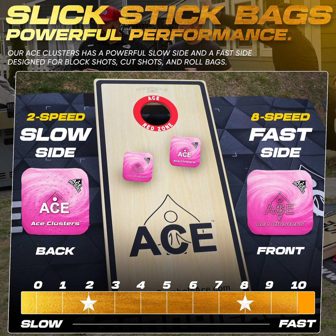 ACE Clusters Pink ACE Pro cornhole bags close-up with stitched seams and logo