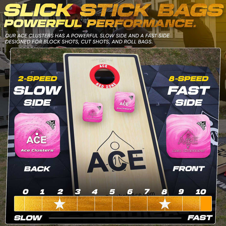 ACE Clusters Pink ACE Pro cornhole bags close-up with stitched seams and logo