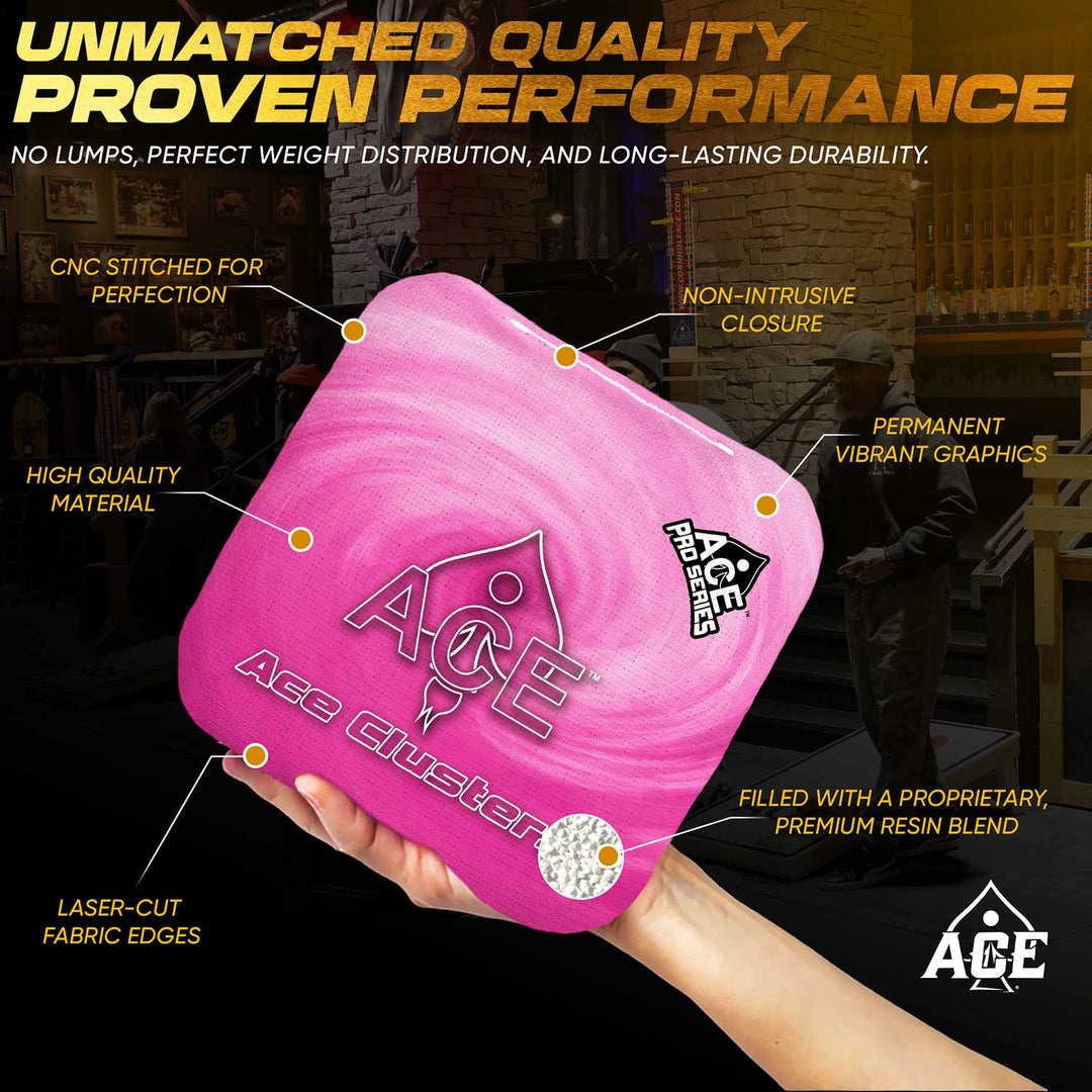 ACE Clusters Pink ACE Pro cornhole bags alternate side with coordinated graphic pattern