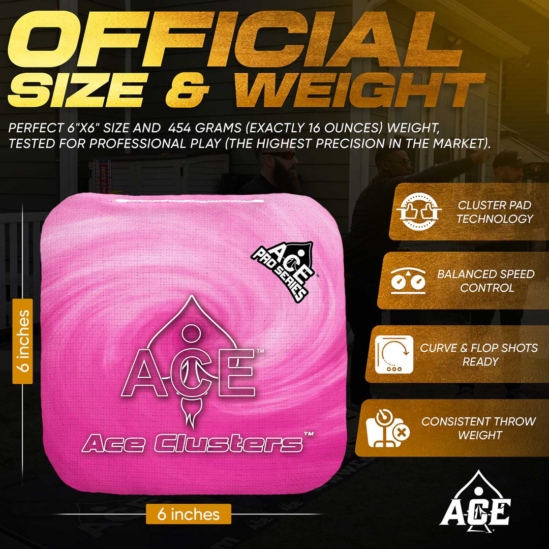 ACE Clusters Pink ACE Pro cornhole bags organized set layout with matching designs