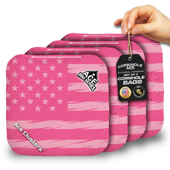 ACE Clusters Pink USA Flag ACE Pro cornhole bags set of four with bold front graphics