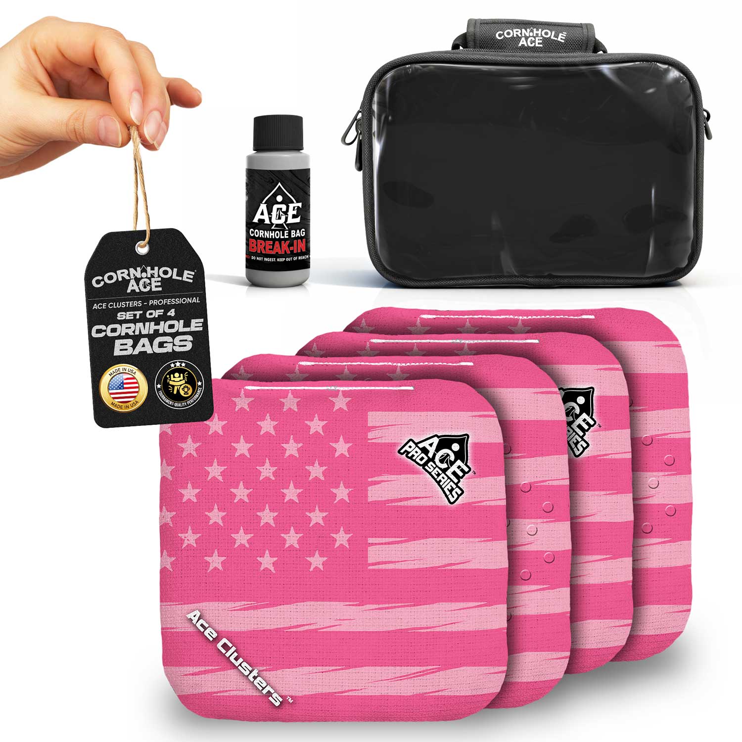 こり ACEesグッズ ACE Clusters Pink USA Flag Cornhole Bag Kit | 4 Bags + Break-In