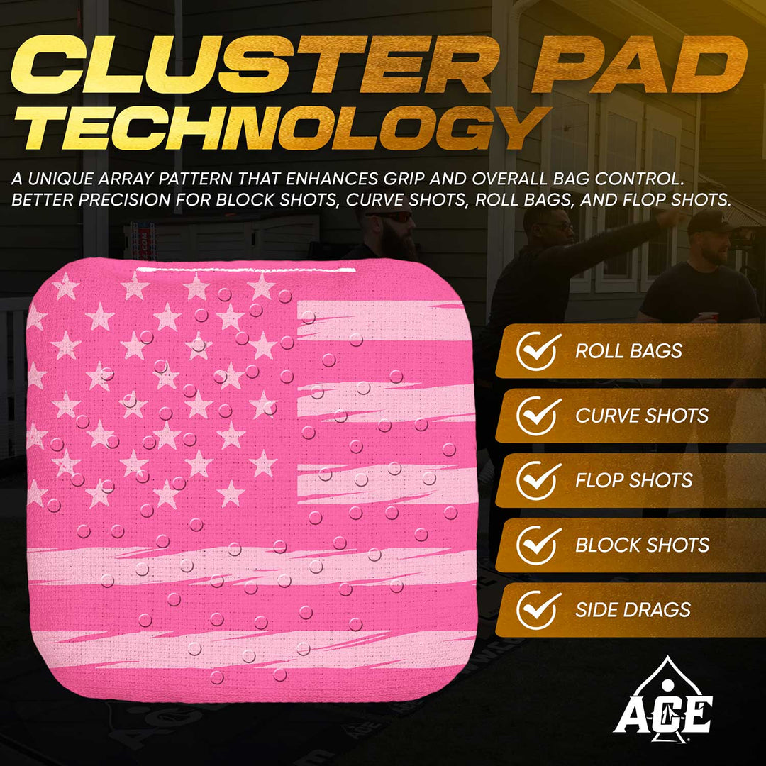 ACE Clusters Pink USA Flag ACE Pro cornhole bags angled stack showing fabric texture