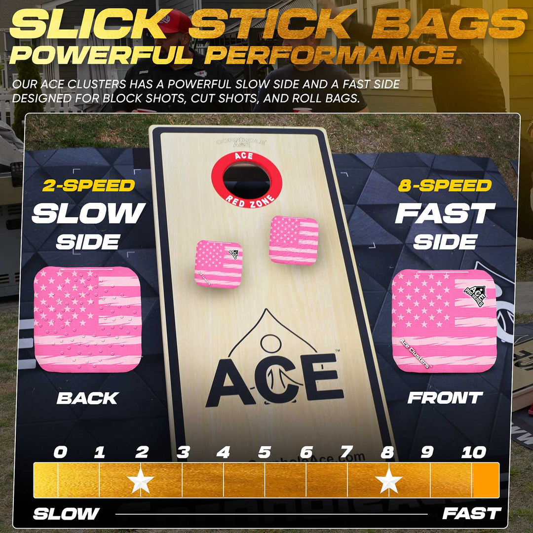 ACE Clusters Pink USA Flag ACE Pro cornhole bags close-up with stitched seams and logo