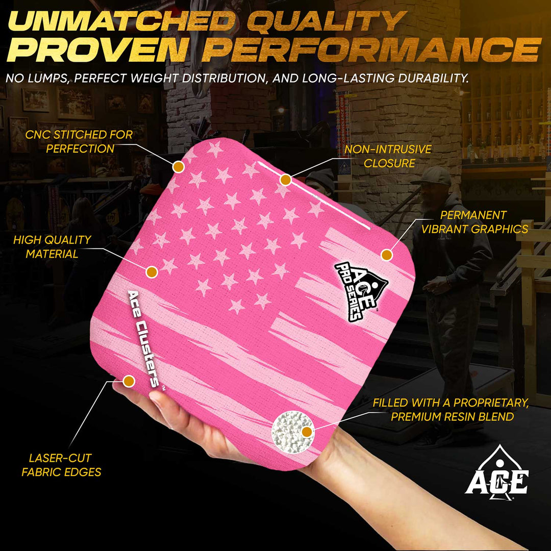 ACE Clusters Pink USA Flag ACE Pro cornhole bags alternate side with coordinated graphic pattern