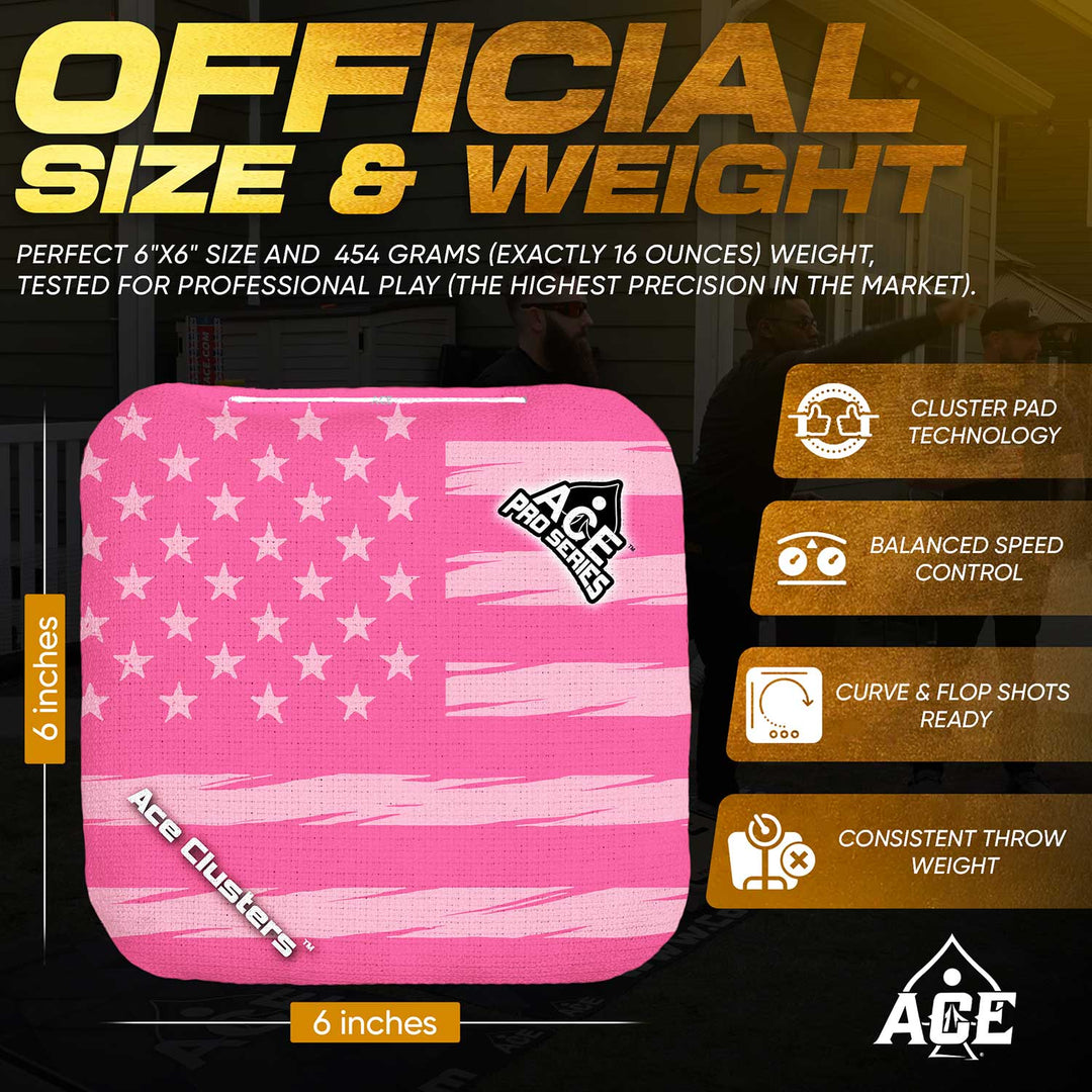 ACE Clusters Pink USA Flag ACE Pro cornhole bags organized set layout with matching designs