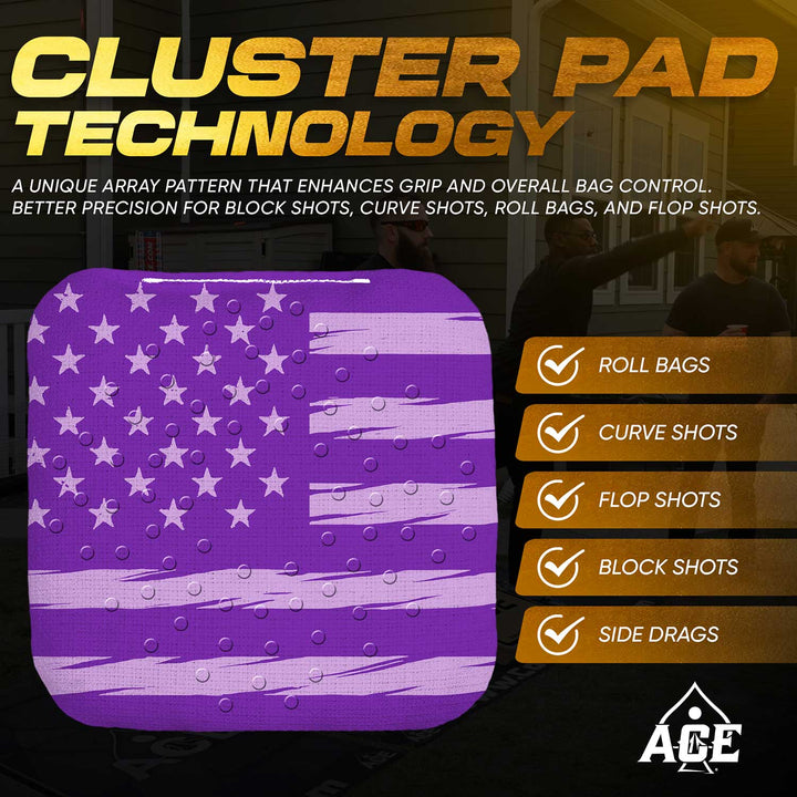 ACE Clusters Purple USA Flag ACE Pro cornhole bags angled stack showing fabric texture