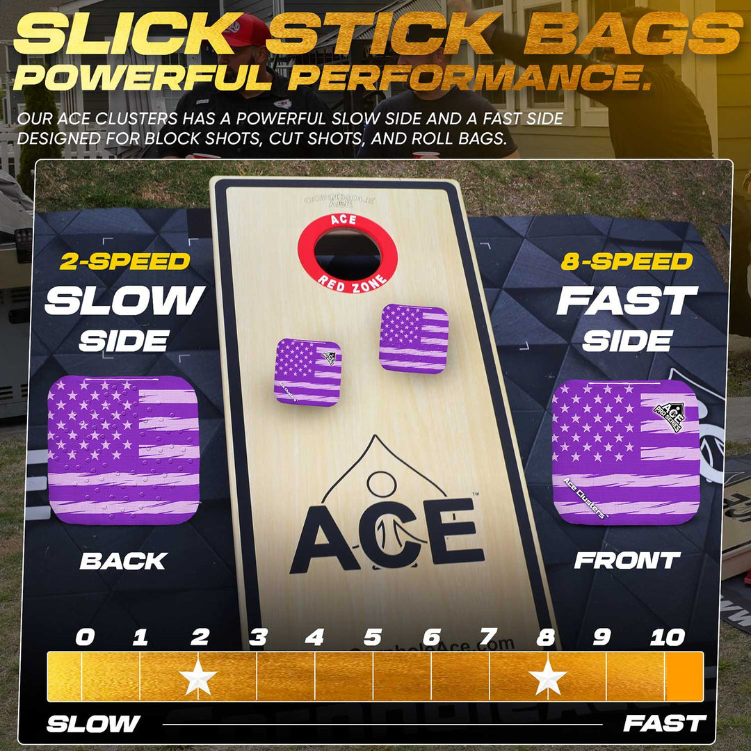 ACE Clusters Purple USA Flag ACE Pro cornhole bags close-up with stitched seams and logo