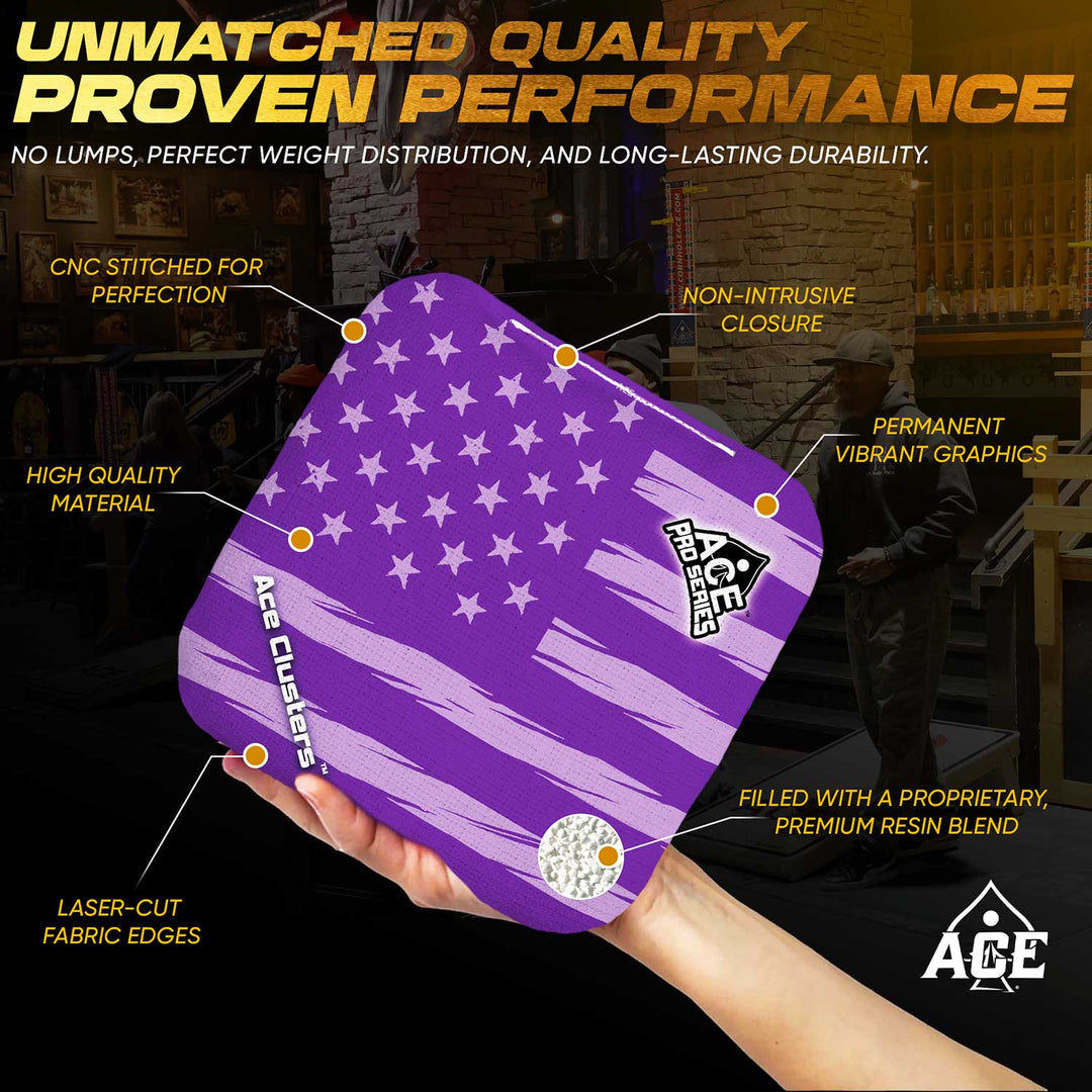 ACE Clusters Purple USA Flag ACE Pro cornhole bags alternate side with coordinated graphic pattern