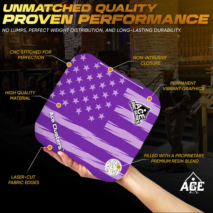 ACE Clusters Purple USA Flag ACE Pro cornhole bags alternate side with coordinated graphic pattern
