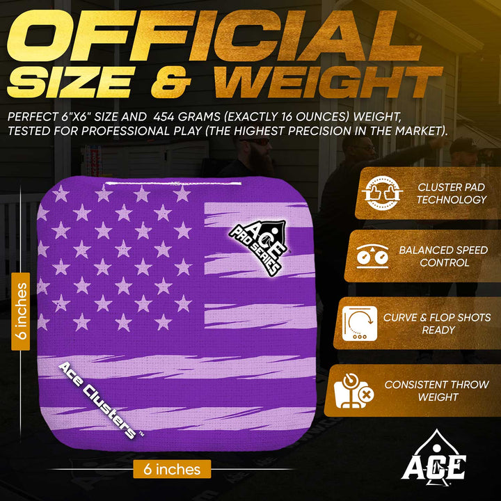 ACE Clusters Purple USA Flag ACE Pro cornhole bags organized set layout with matching designs