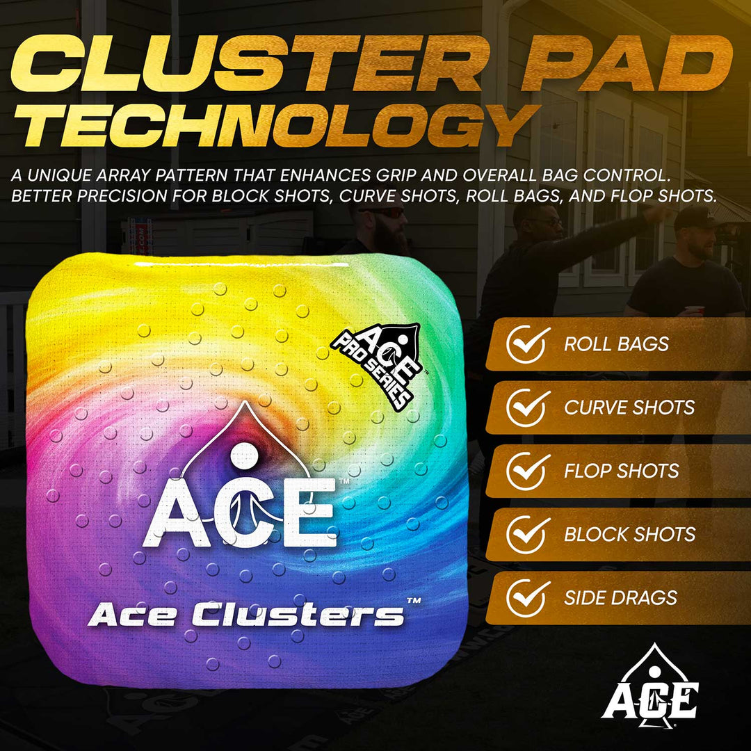 ACE Clusters Rainbow ACE Pro cornhole bags angled stack showing fabric texture