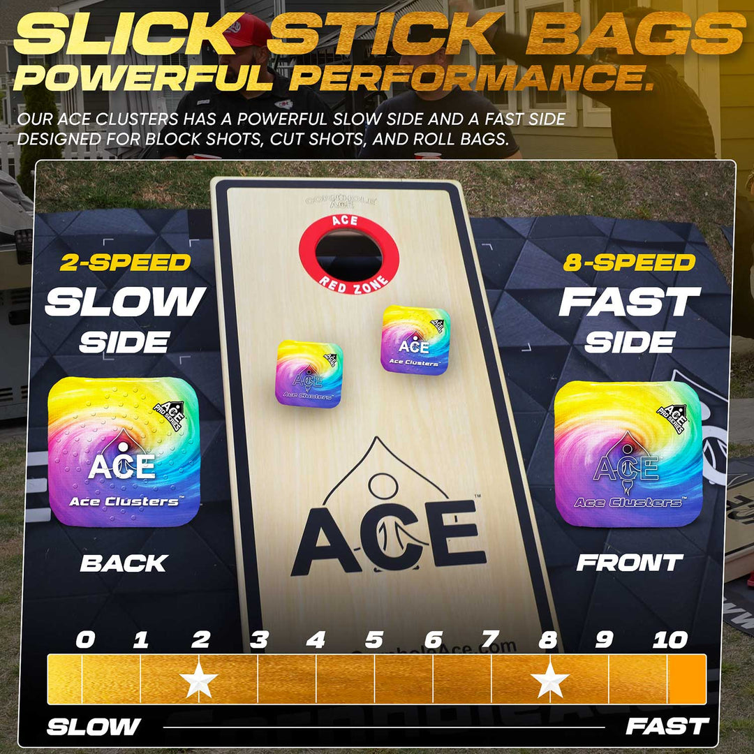 ACE Clusters Rainbow ACE Pro cornhole bags close-up with stitched seams and logo