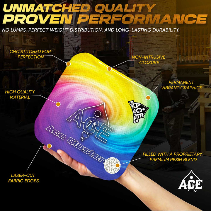 ACE Clusters Rainbow ACE Pro cornhole bags alternate side with coordinated graphic pattern