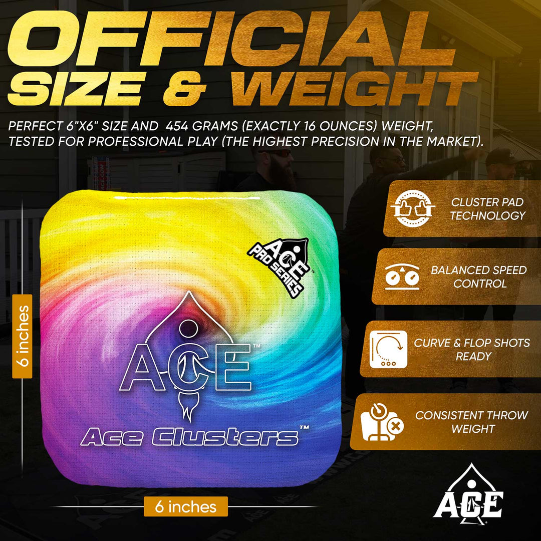 ACE Clusters Rainbow ACE Pro cornhole bags organized set layout with matching designs