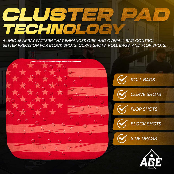 ACE Clusters Red USA Flag ACE Pro cornhole bags angled stack showing fabric texture