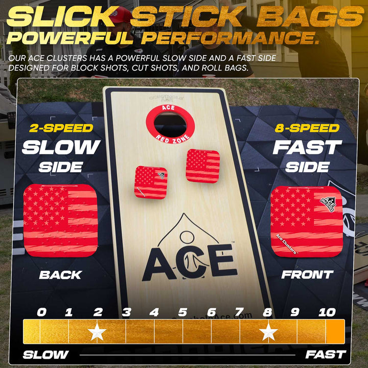 ACE Clusters Red USA Flag ACE Pro cornhole bags close-up with stitched seams and logo