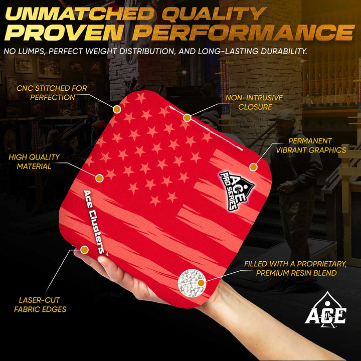 ACE Clusters Red USA Flag ACE Pro cornhole bags alternate side with coordinated graphic pattern