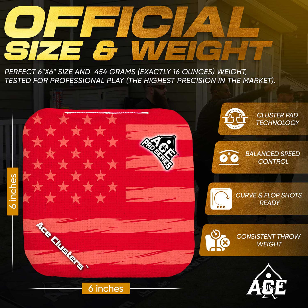 ACE Clusters Red USA Flag ACE Pro cornhole bags organized set layout with matching designs