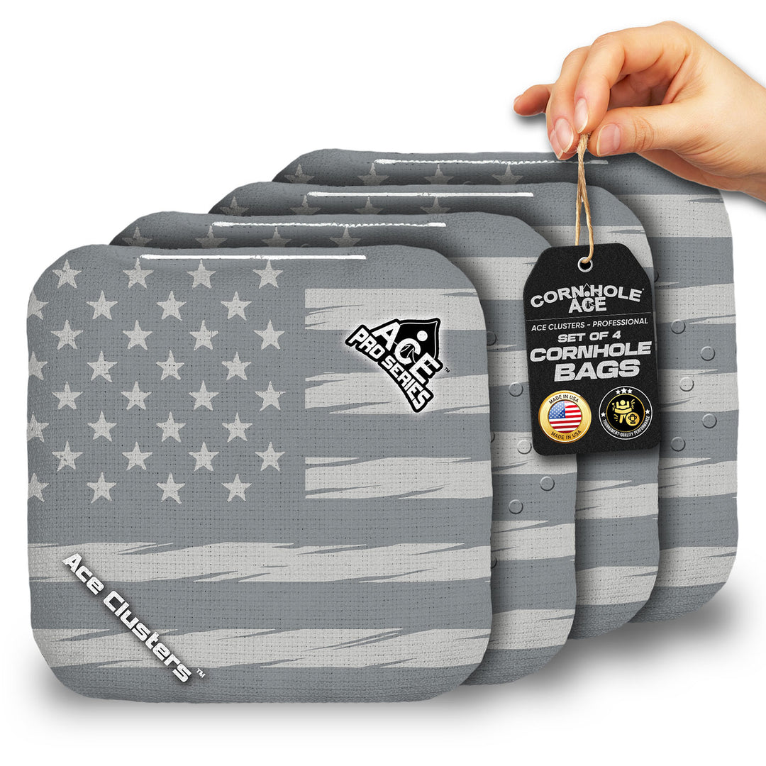ACE Clusters Silver USA Flag ACE Pro cornhole bags set of four with bold front graphics