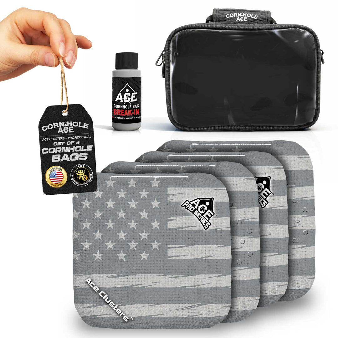 ACE Clusters Silver USA Flag ACE Pro cornhole bags set of four with bold front graphics alternate view