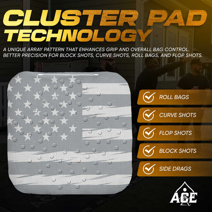 ACE Clusters Silver USA Flag ACE Pro cornhole bags angled stack showing fabric texture