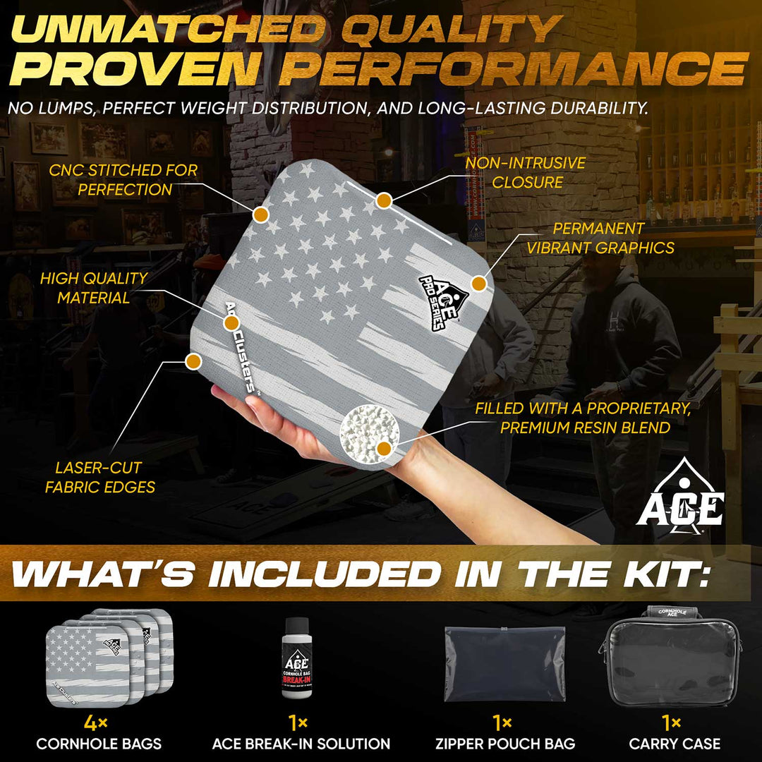 ACE Clusters Silver USA Flag ACE Pro cornhole bags angled stack showing fabric texture alternate view