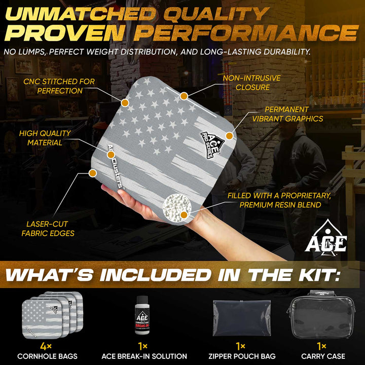 ACE Clusters Silver USA Flag ACE Pro cornhole bags angled stack showing fabric texture alternate view