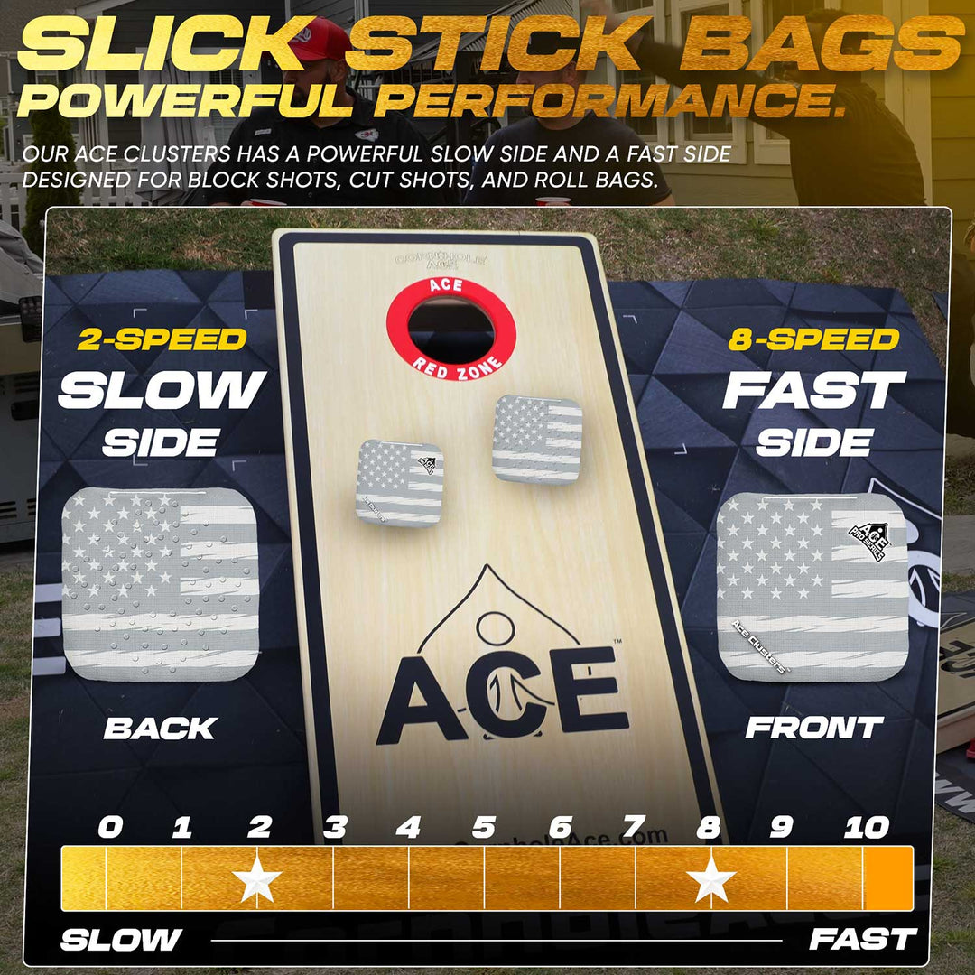 ACE Clusters Silver USA Flag ACE Pro cornhole bags close-up with stitched seams and logo
