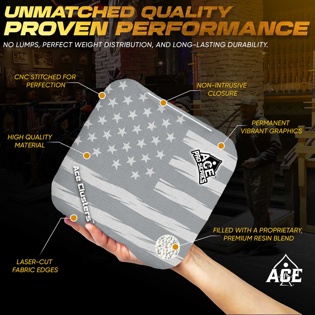 ACE Clusters Silver USA Flag ACE Pro cornhole bags alternate side with coordinated graphic pattern