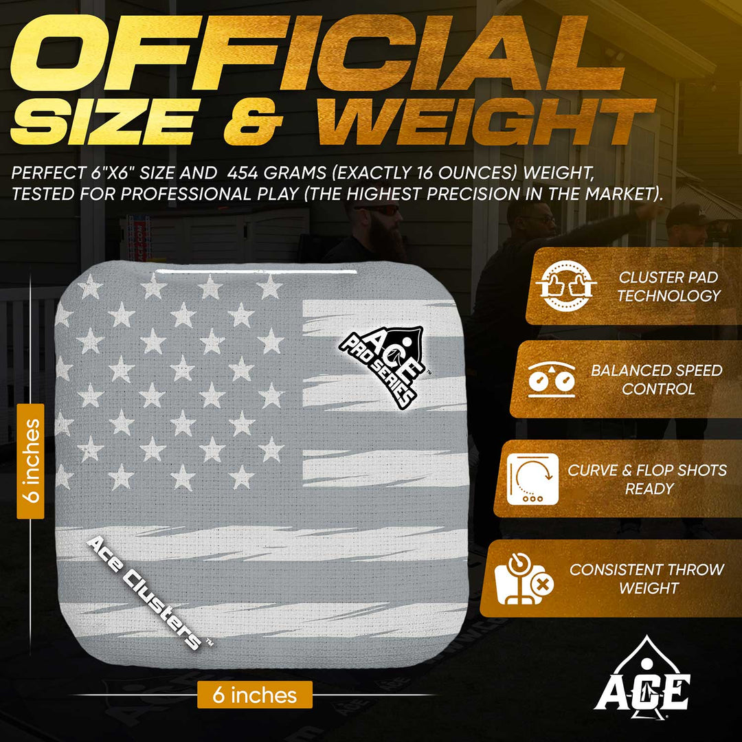 ACE Clusters Silver USA Flag ACE Pro cornhole bags organized set layout with matching designs