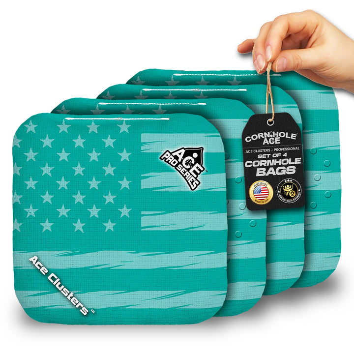 ACE Clusters Teal USA Flag ACE Pro cornhole bags set of four with bold front graphics
