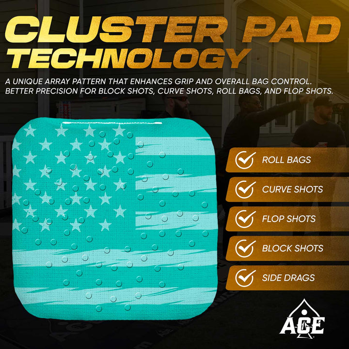 ACE Clusters Teal USA Flag ACE Pro cornhole bags angled stack showing fabric texture