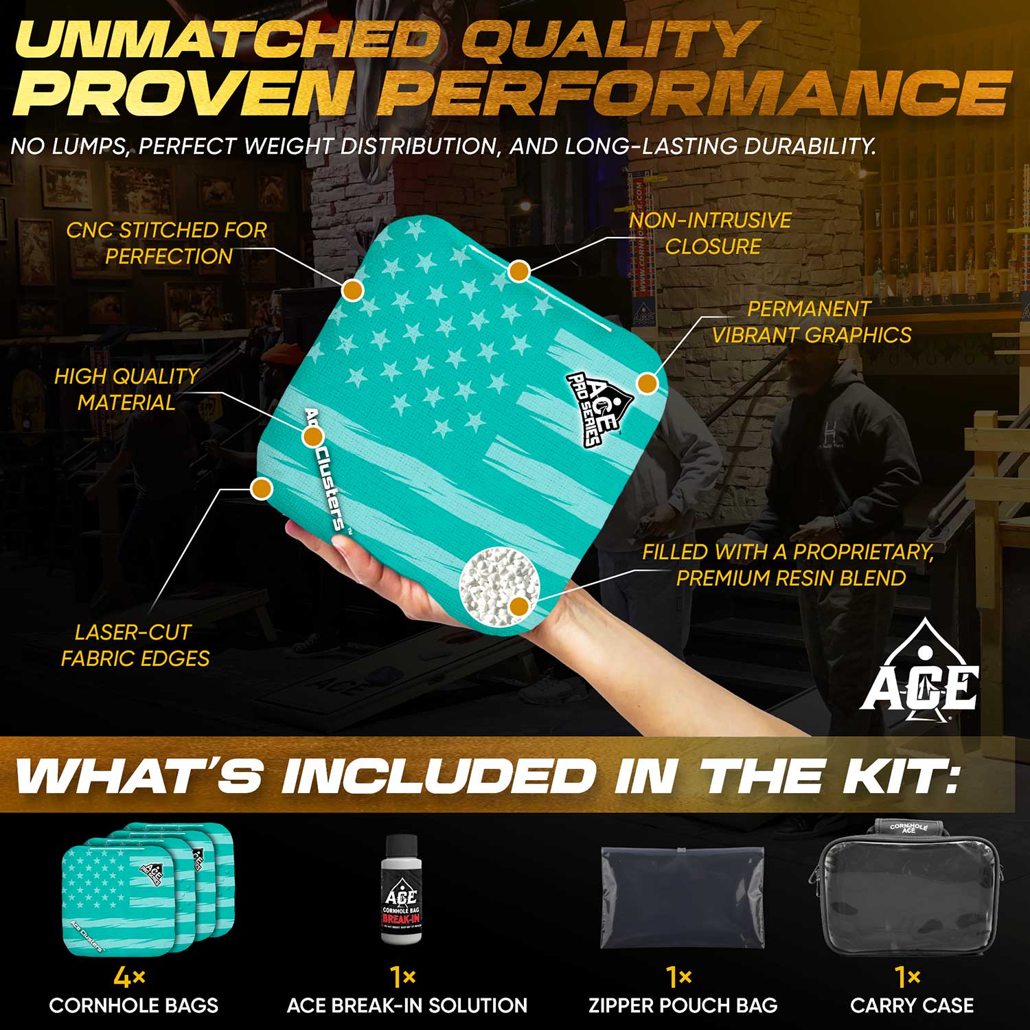 ACE Clusters Teal USA Flag Cornhole Bag Kit | 4 Bags + Break-In