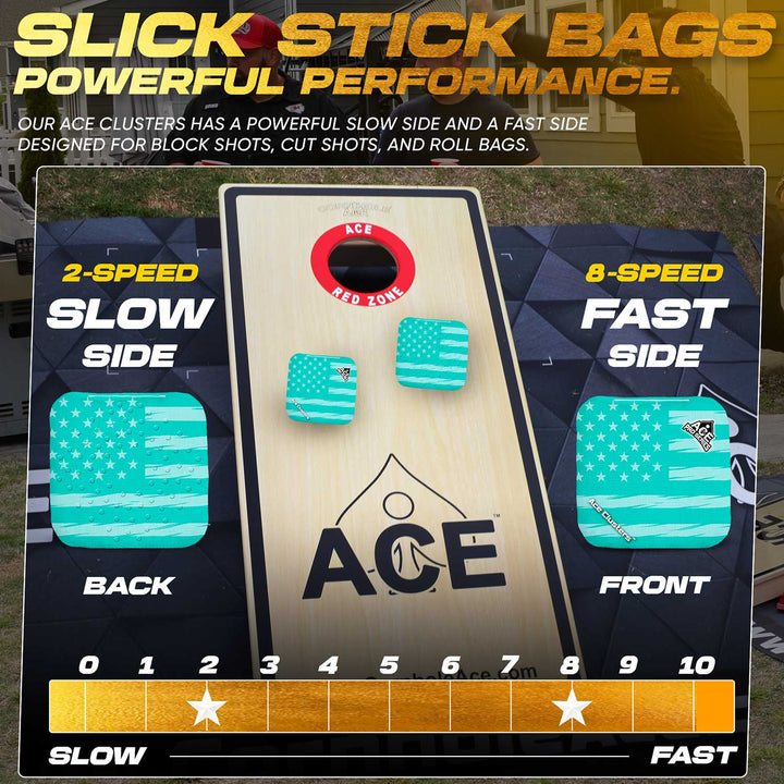 ACE Clusters Teal USA Flag ACE Pro cornhole bags close-up with stitched seams and logo