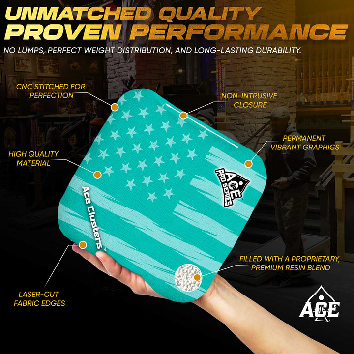 ACE Clusters Teal USA Flag ACE Pro cornhole bags alternate side with coordinated graphic pattern