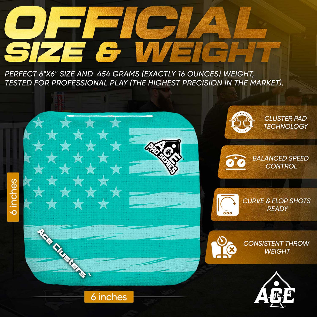 ACE Clusters Teal USA Flag ACE Pro cornhole bags organized set layout with matching designs