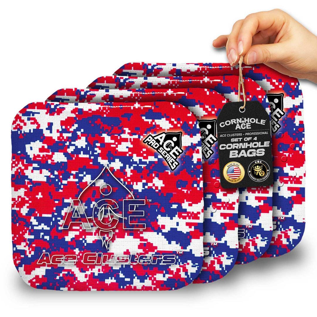 ACE Clusters USA Camo ACE Pro cornhole bags set of four with bold front graphics